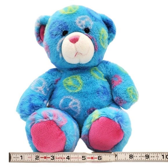 Build A Bear Peace Sign Teddy Bear Stuffed Animal Plush 14" Blue Pink 2010 - Picture 6 of 7